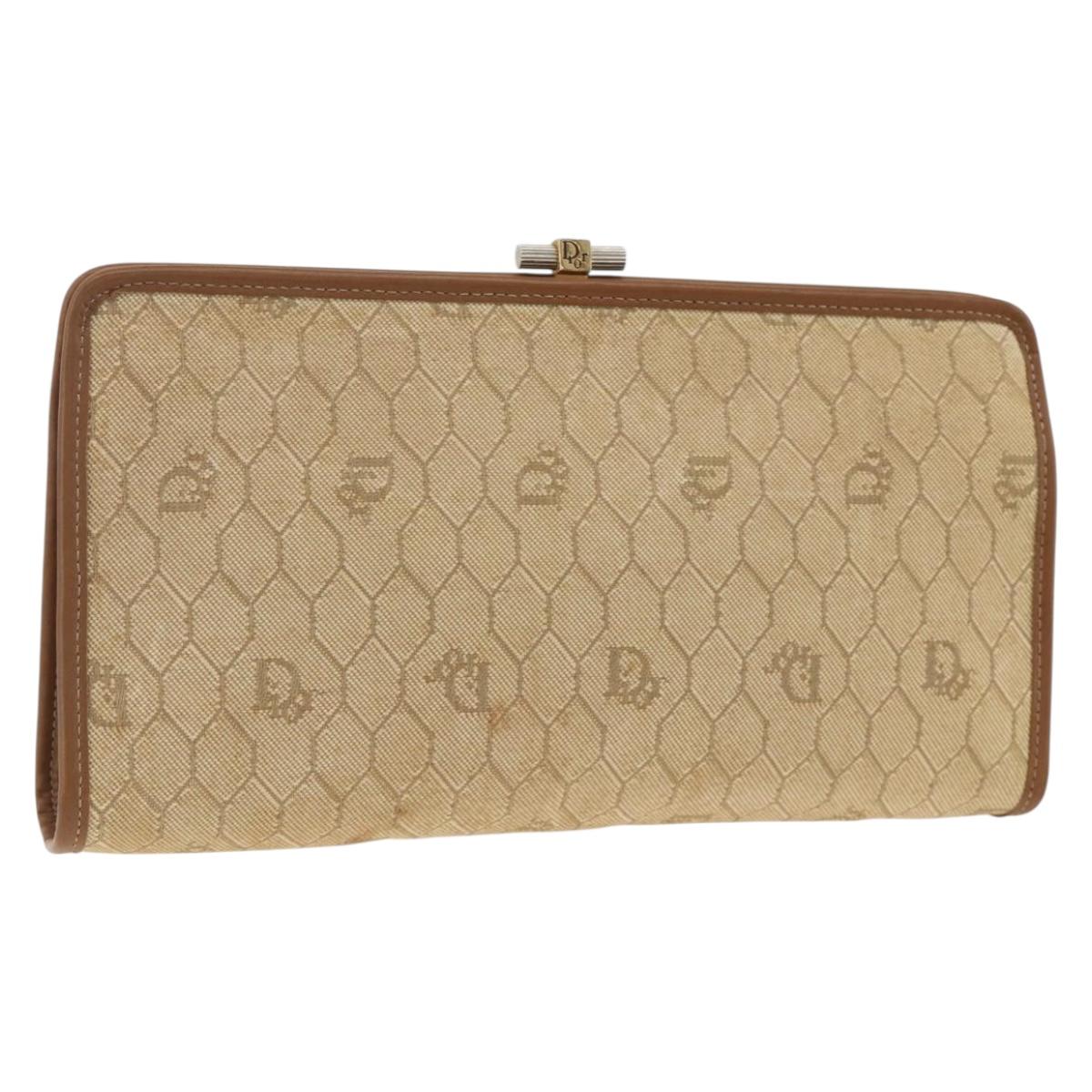 Christian Dior Honeycomb Canvas Clutch Bag Beige Gold Auth 174606