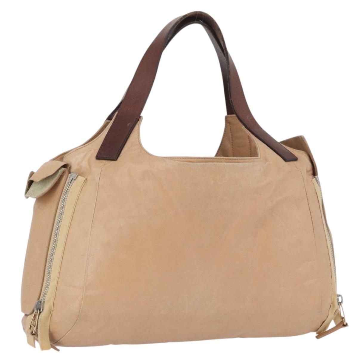 CELINE Hand Bag Leather Beige Gold Auth 174610