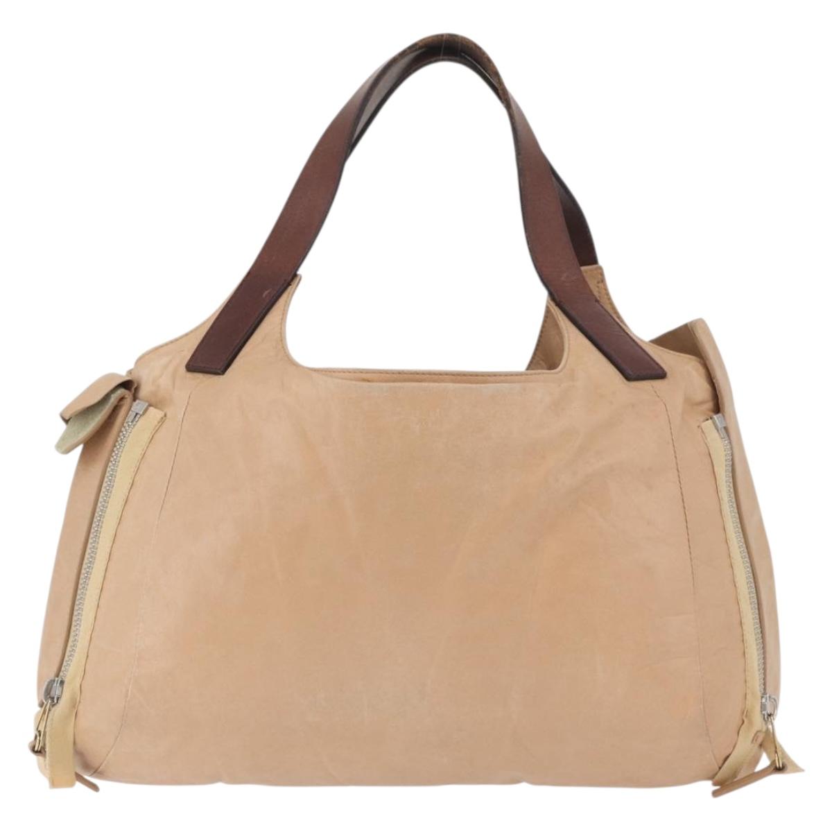 CELINE Hand Bag Leather Beige Gold Auth 174610