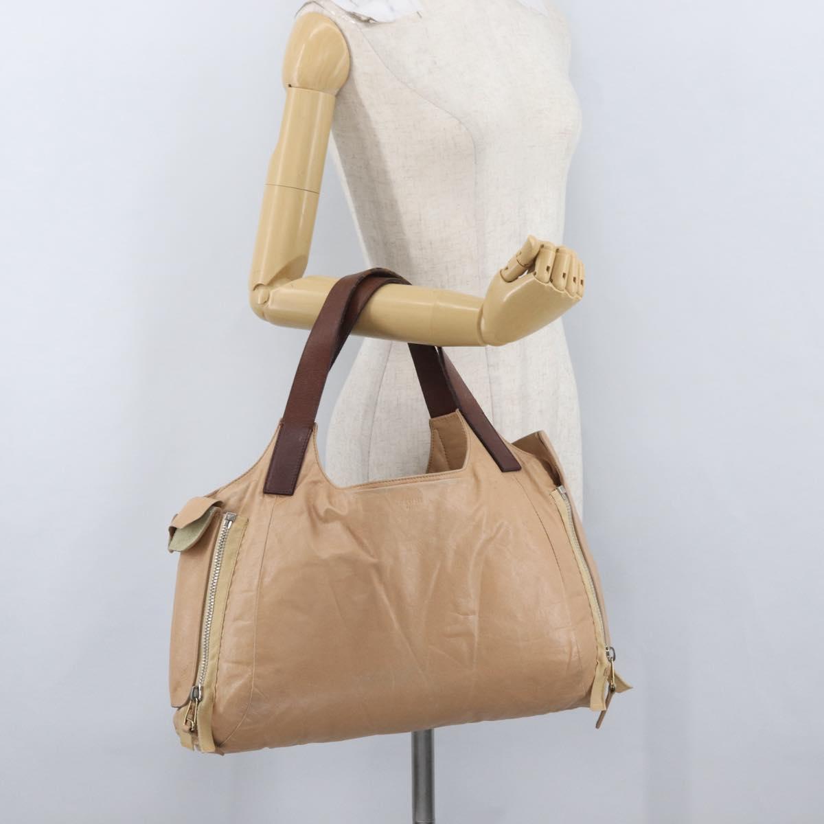 CELINE Hand Bag Leather Beige Gold Auth 174610