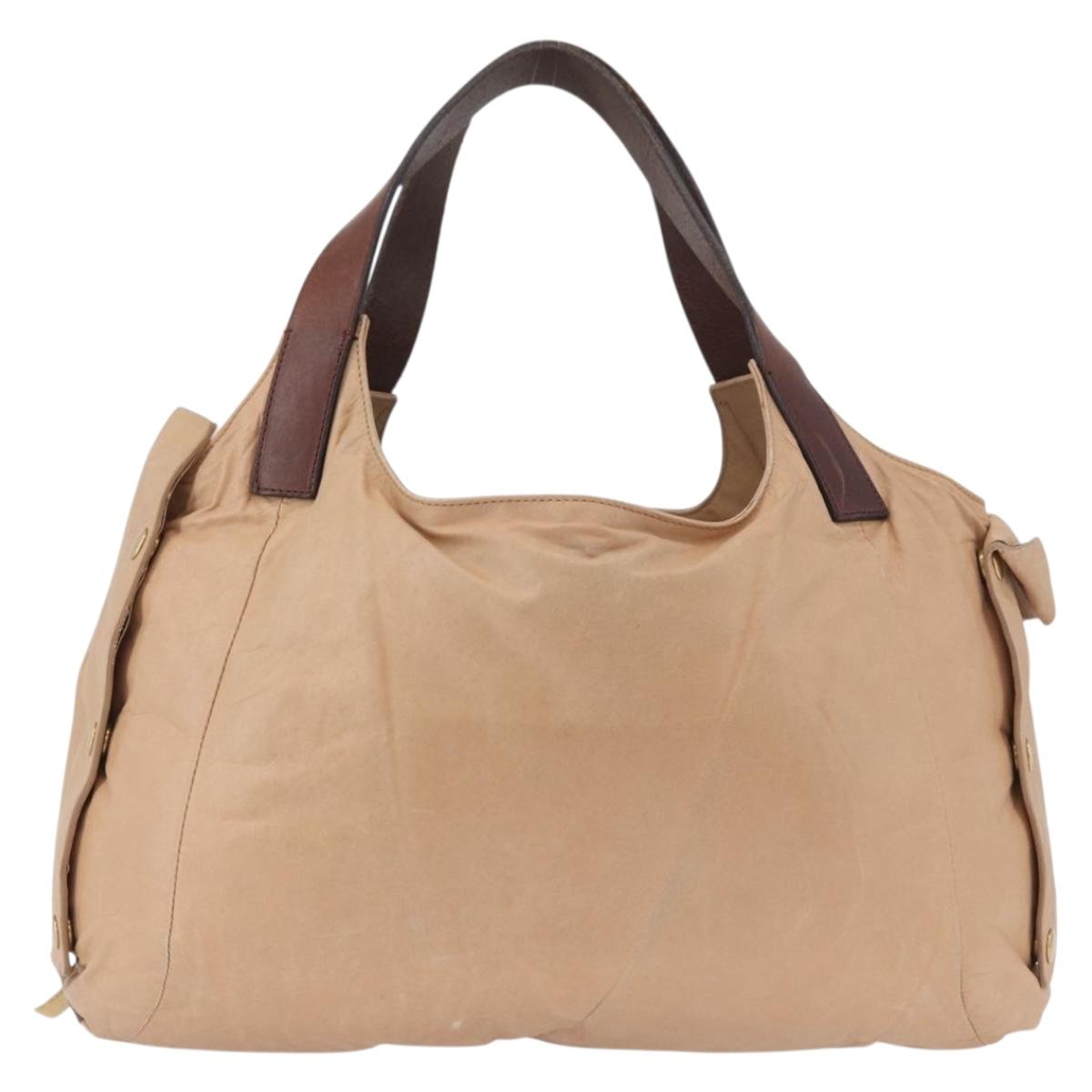 CELINE Hand Bag Leather Beige Gold Auth 174610