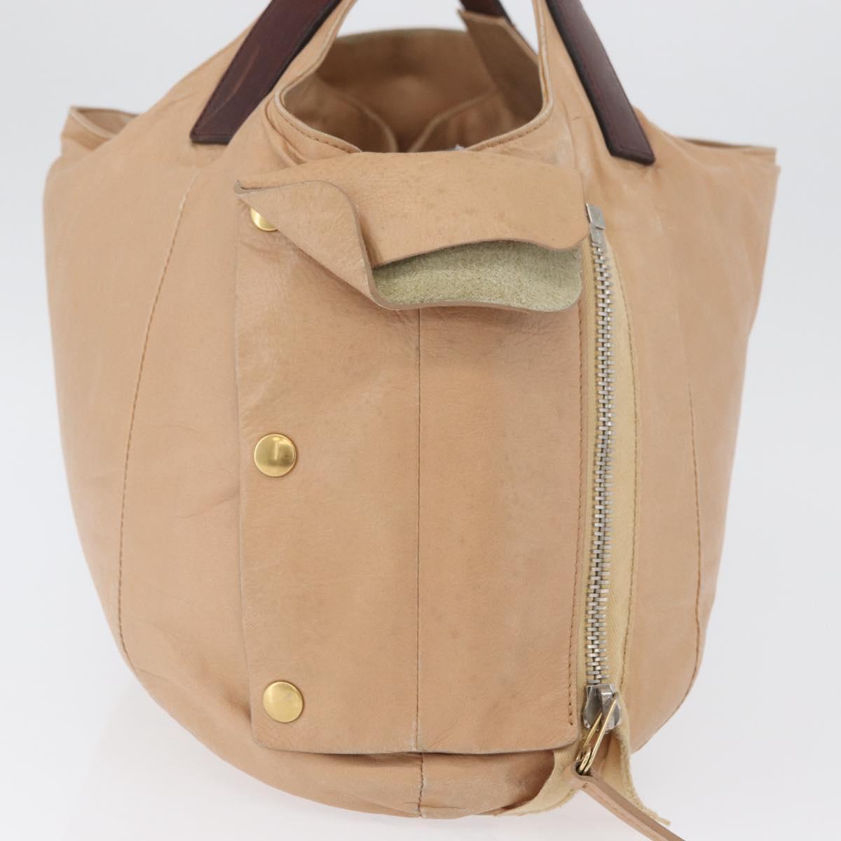 CELINE Hand Bag Leather Beige Gold Auth 174610