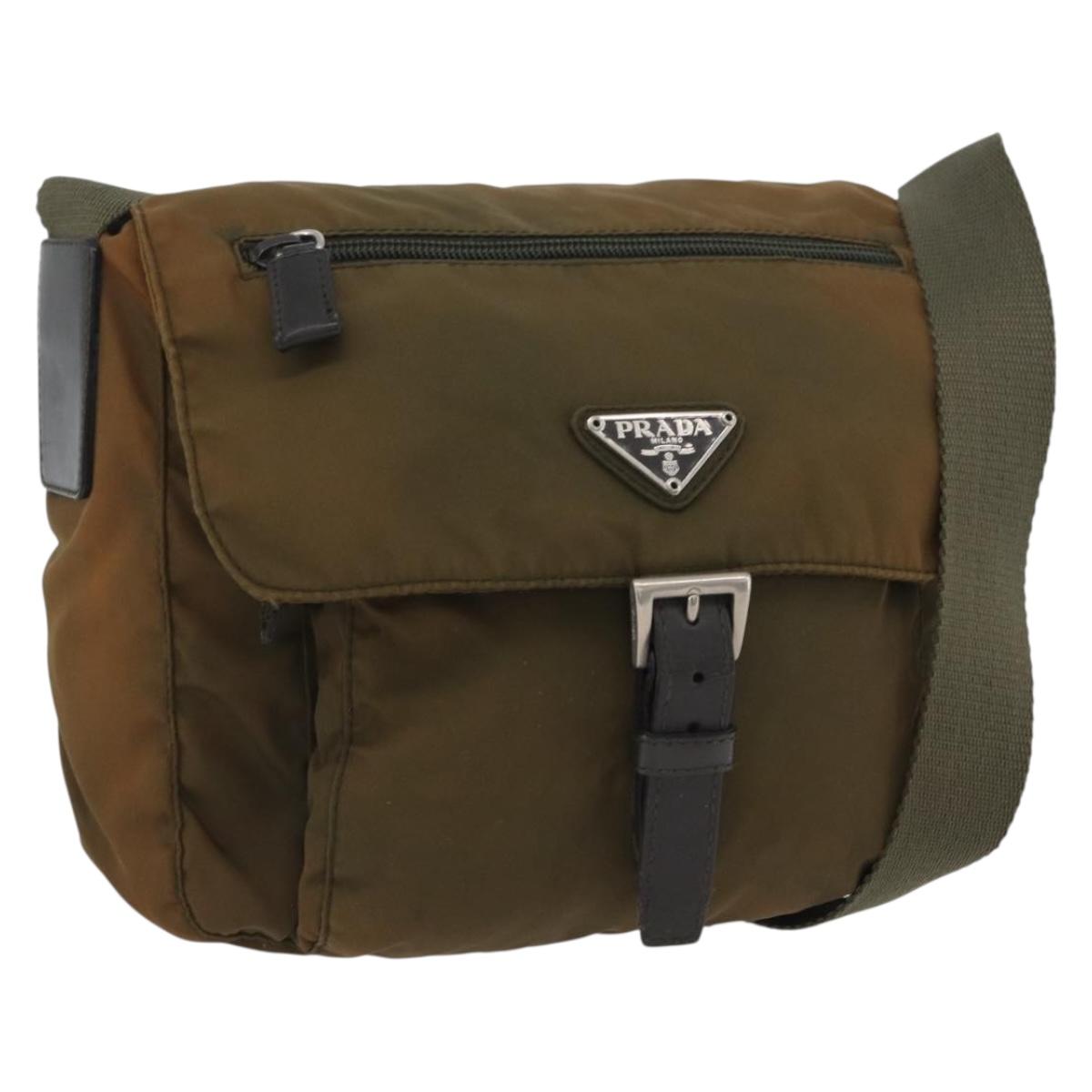 PRADA Shoulder Bag Nylon Khaki Silver Auth 174613