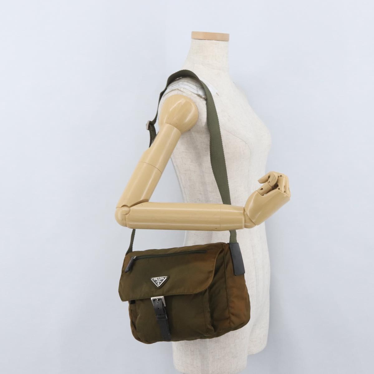 PRADA Shoulder Bag Nylon Khaki Silver Auth 174613