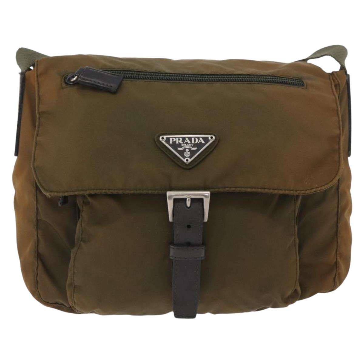 PRADA Shoulder Bag Nylon Khaki Silver Auth 174613