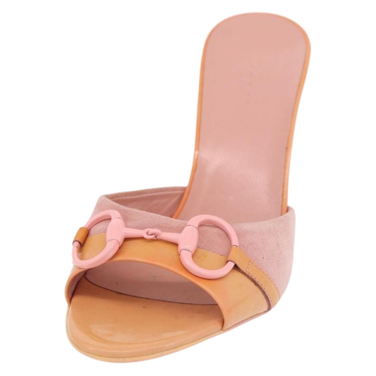 GUCCI Horsebit Heel Sandals Suede Pink Auth 174617A