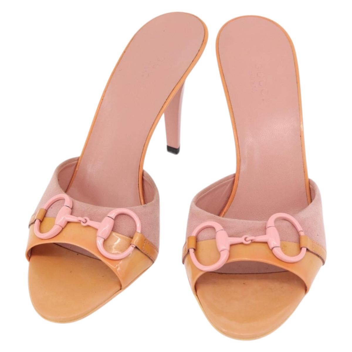 GUCCI Horsebit Heel Sandals Suede Pink Auth 174617A