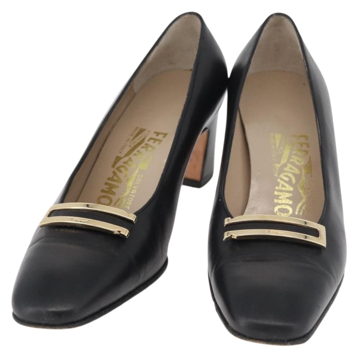 Salvatore Ferragamo Heel Pumps Leather 4 1/2 Black Auth 174621A