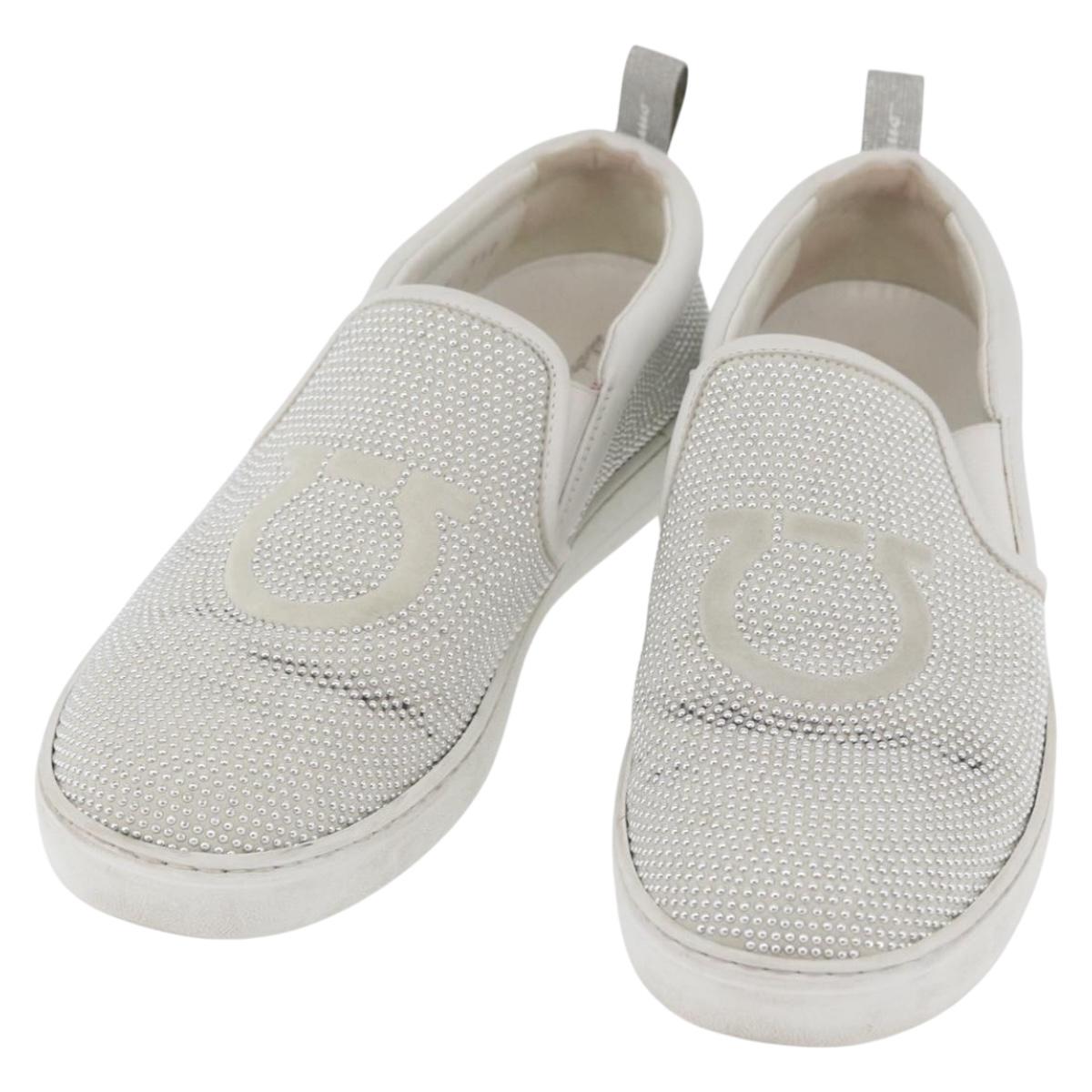 Salvatore Ferragamo Gancini Slipon Leather 5 1/2 D Silver Auth 174632A