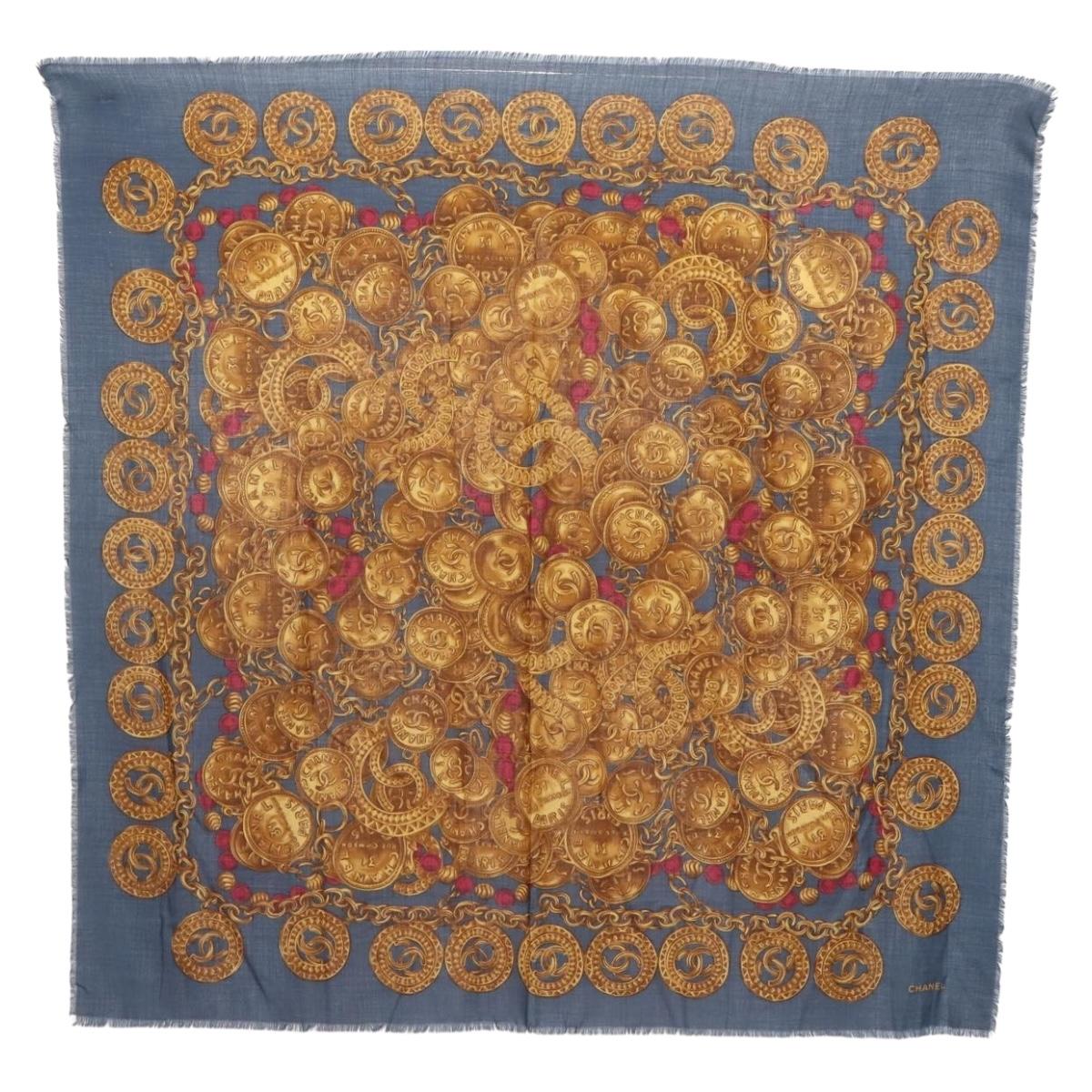 CHANEL Scarf Wool Silk Navy CC Auth 174639A