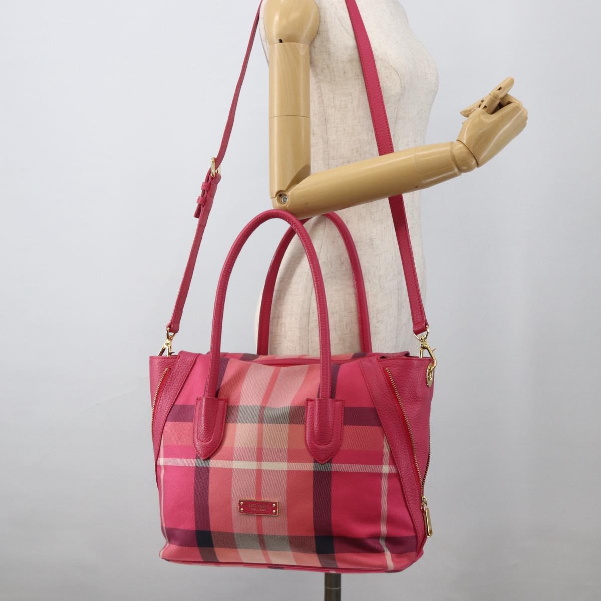 BLUE LABEL CRESTBRIDGE CB Check Bag Canvas Leather 2way Pink Gold Auth 174708A