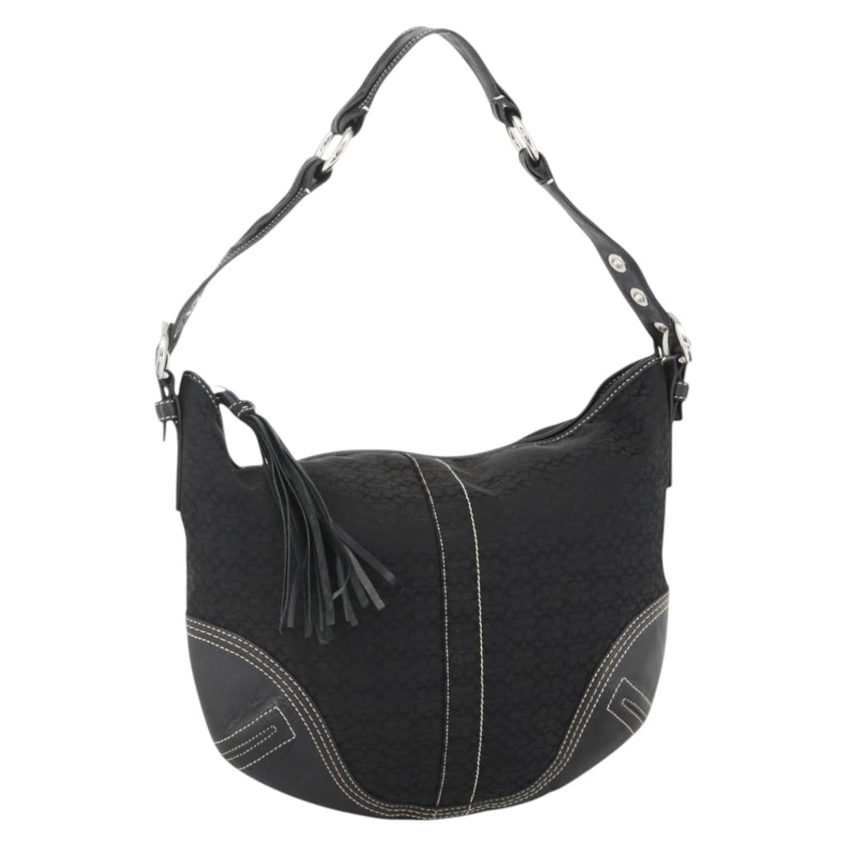 Coach Signature Shoulder Bag Canvas Black Silver Auth 174818A