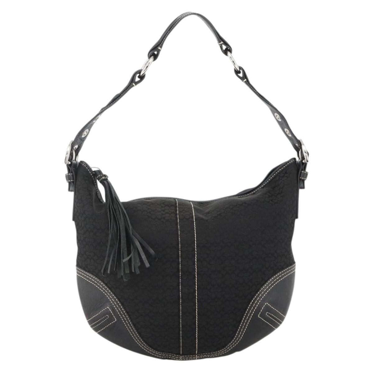 Coach Signature Shoulder Bag Canvas Black Silver Auth 174818A