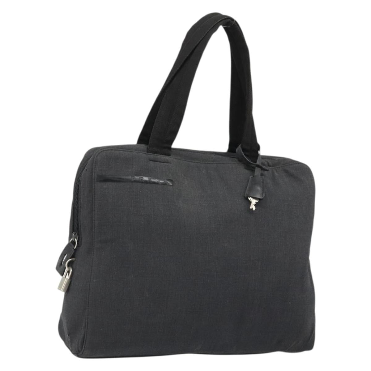 PRADA Hand Bag Canvas Silver Black Auth 174853