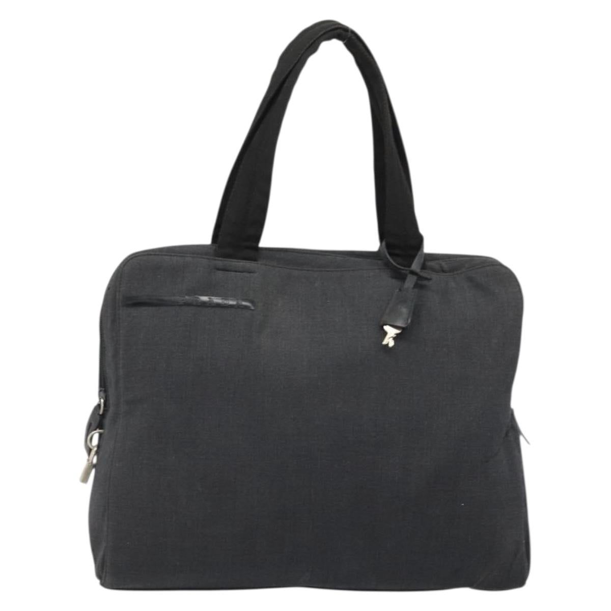 PRADA Hand Bag Canvas Silver Black Auth 174853