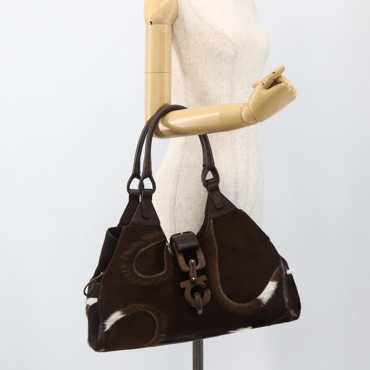 Salvatore Ferragamo Gancini Hand Bag Unborn Calf Skin Brown Gold Auth 174856A