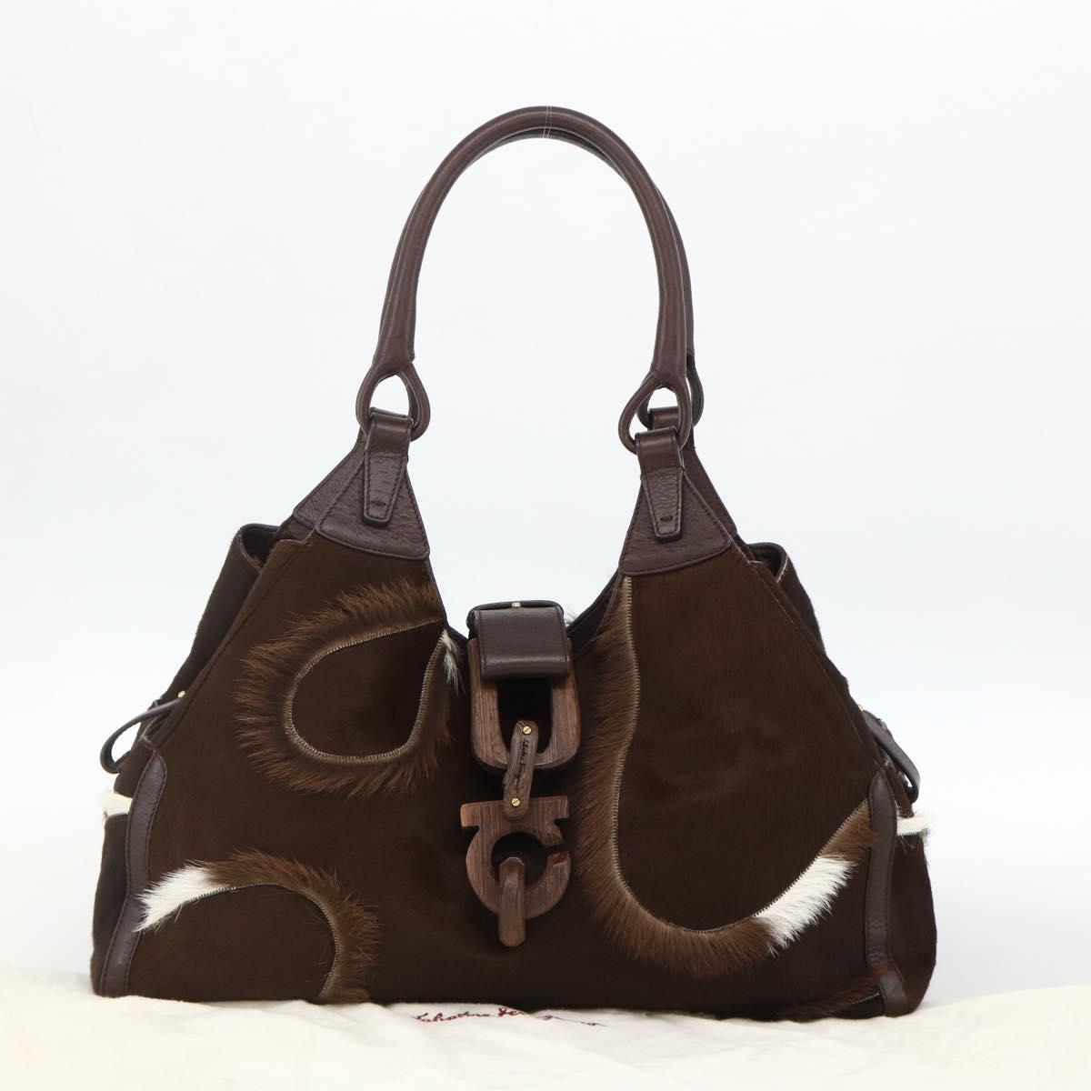 Salvatore Ferragamo Gancini Hand Bag Unborn Calf Skin Brown Gold Auth 174856A