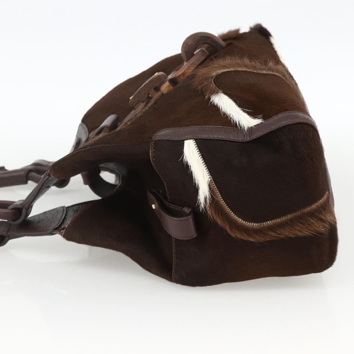 Salvatore Ferragamo Gancini Hand Bag Unborn Calf Skin Brown Gold Auth 174856A
