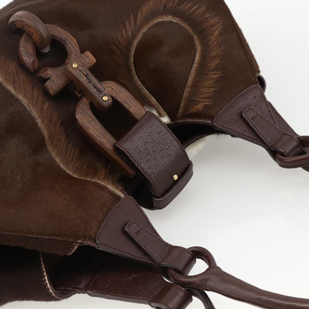 Salvatore Ferragamo Gancini Hand Bag Unborn Calf Skin Brown Gold Auth 174856A