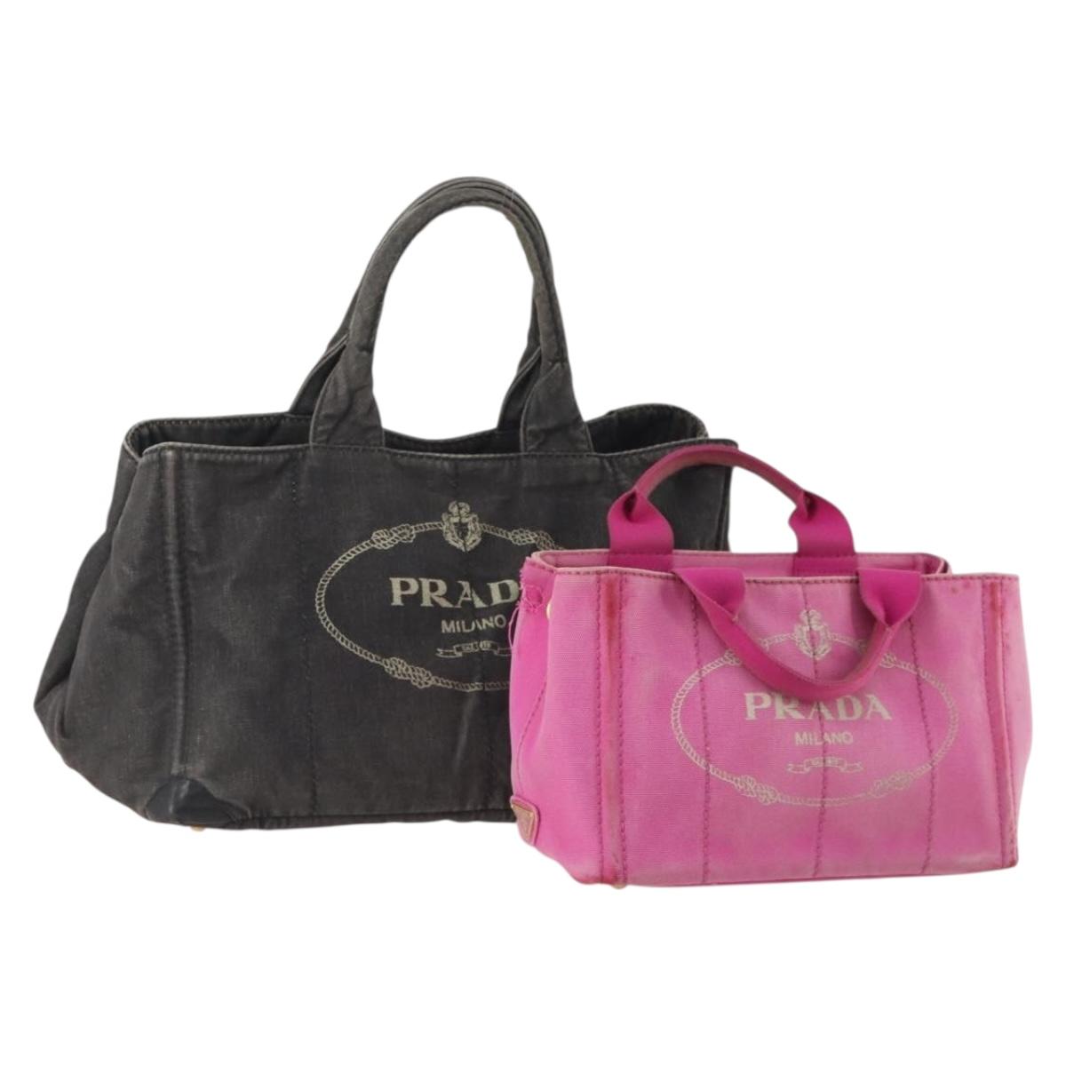 PRADA Canapa Hand Bag Canvas 2 Set Pink Black Auth 174967