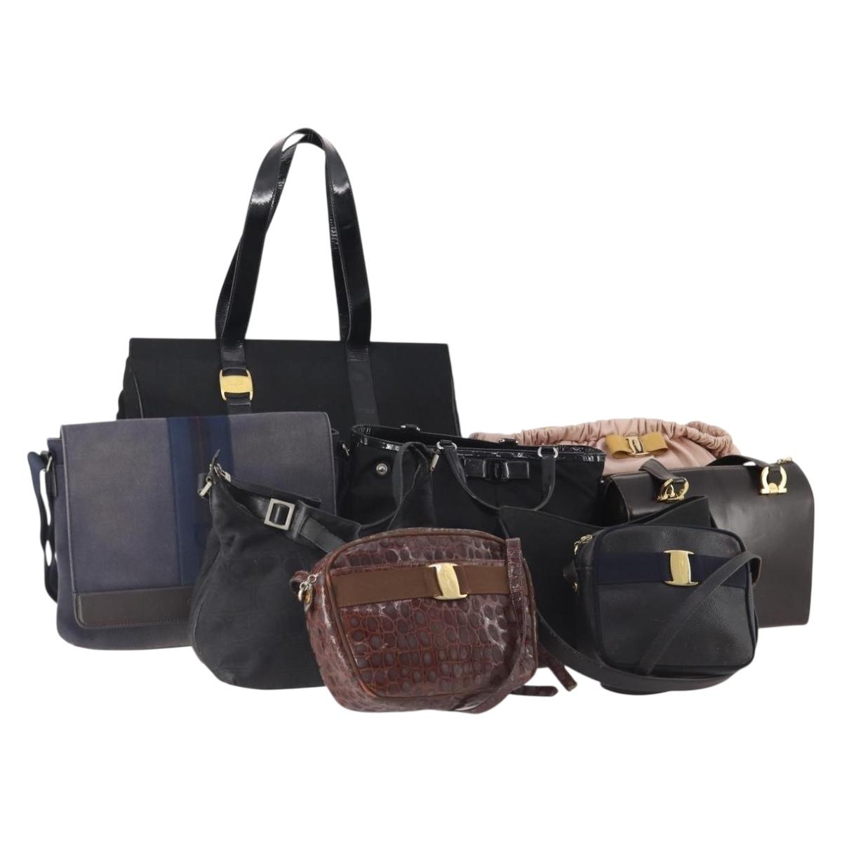 Salvatore Ferragamo Hand Bag Nylon Leather 9 Set Pink Black Navy Auth 174990
