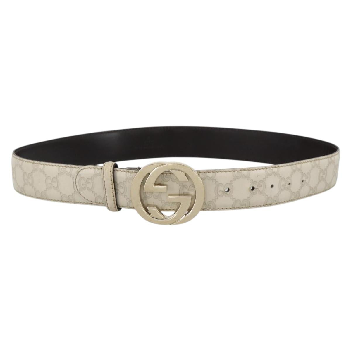 GUCCI Interlocking Guccissima GG Canvas Belt Leather 39"" White Gold Auth 174993