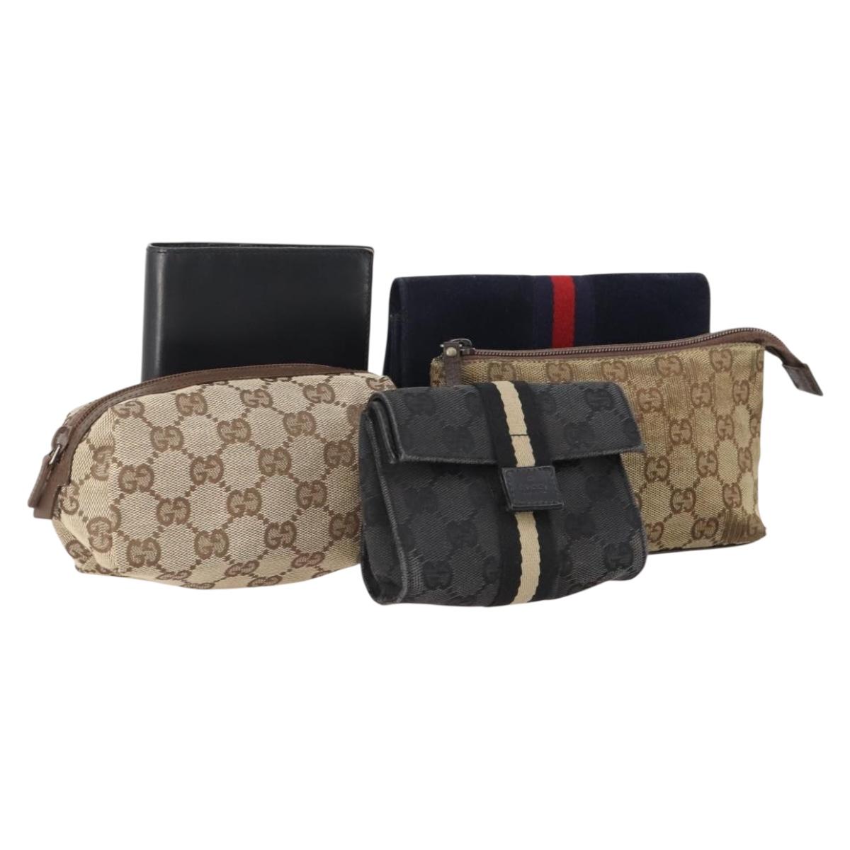 GUCCI GG Canvas Pouch Leather 5 Set Black Beige Auth 174994