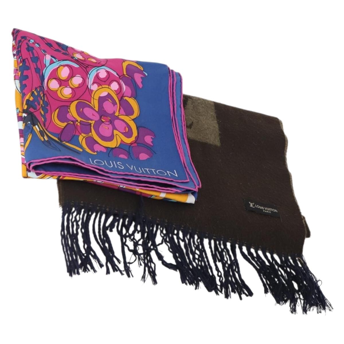LOUIS VUITTON Scarf Silk Wool 2 Set Blue Brown LV Auth 175005