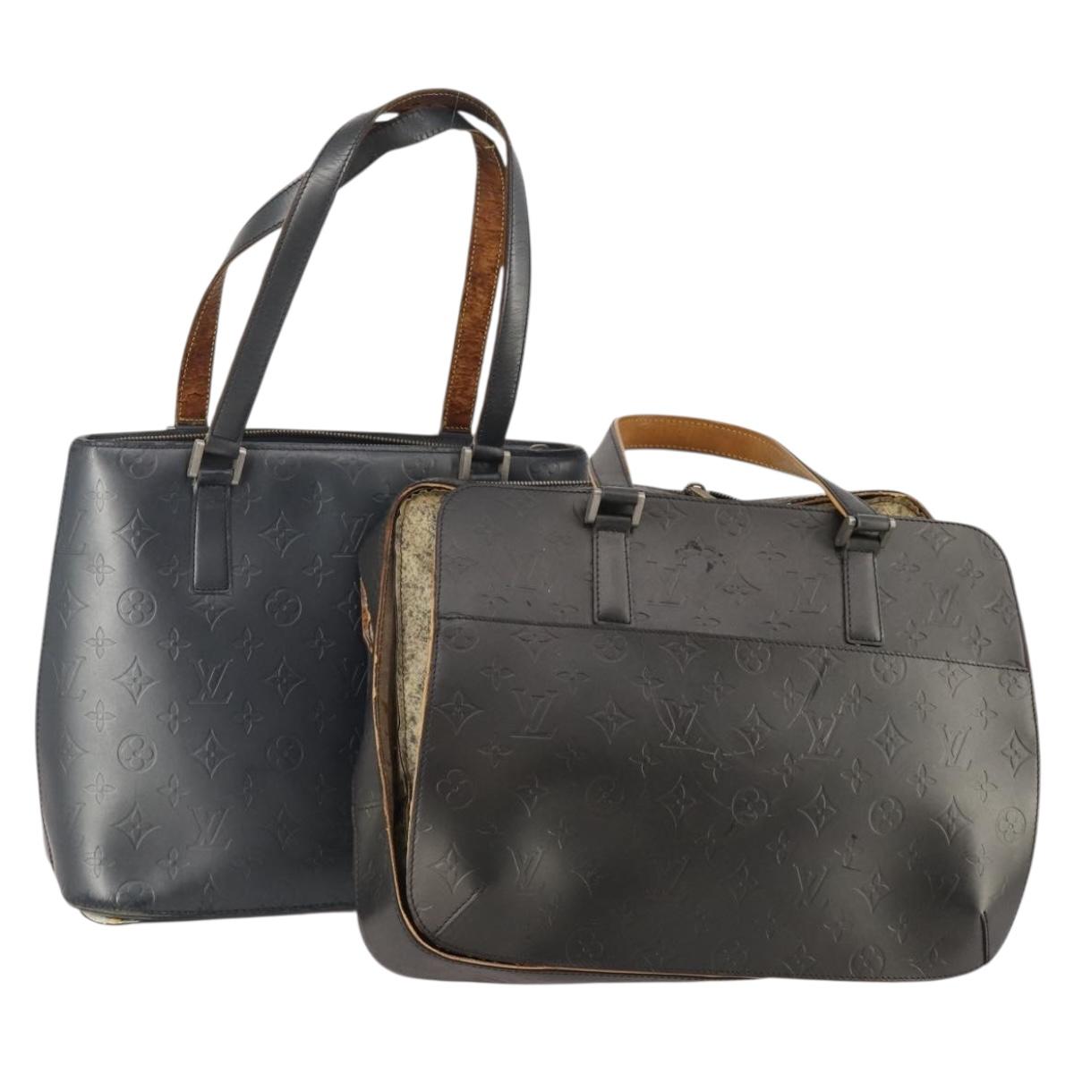 LOUIS VUITTON Monogram Mat Hand Bag 2 Set Black Navy LV Auth 175009