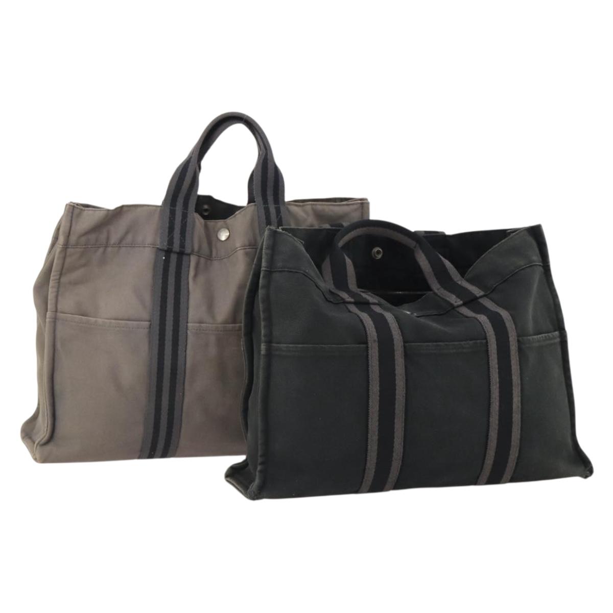 HERMES Fourre Tout MM Hand Bag Canvas 2 Set Gray Black Auth 175013
