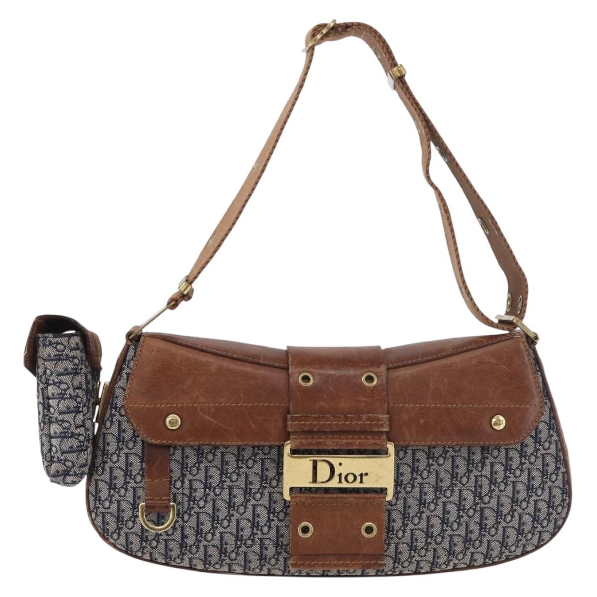 Christian Dior Trotter Canvas Street Chic Shoulder Bag Navy Gold Auth 175042A