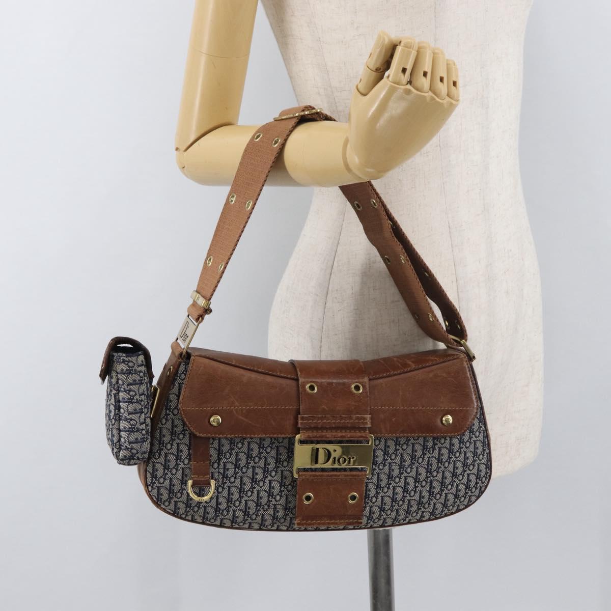Christian Dior Trotter Canvas Street Chic Shoulder Bag Navy Gold Auth 175042A