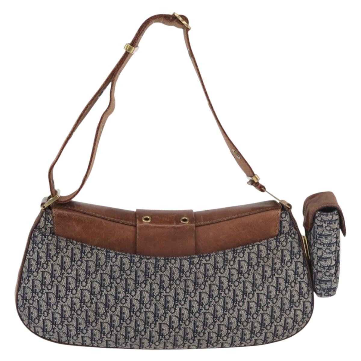 Christian Dior Trotter Canvas Street Chic Shoulder Bag Navy Gold Auth 175042A