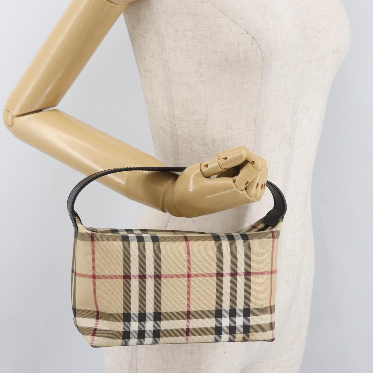 BURBERRY Nova Check Hand Bag PVC Beige Silver Auth 175047A