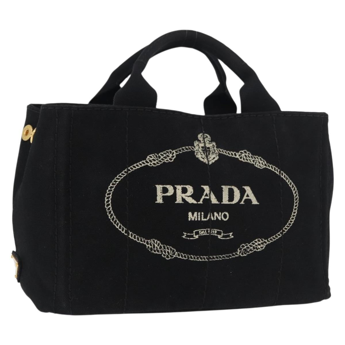 PRADA Canapa PM Hand Bag Canvas Black Gold Auth 175050SAM