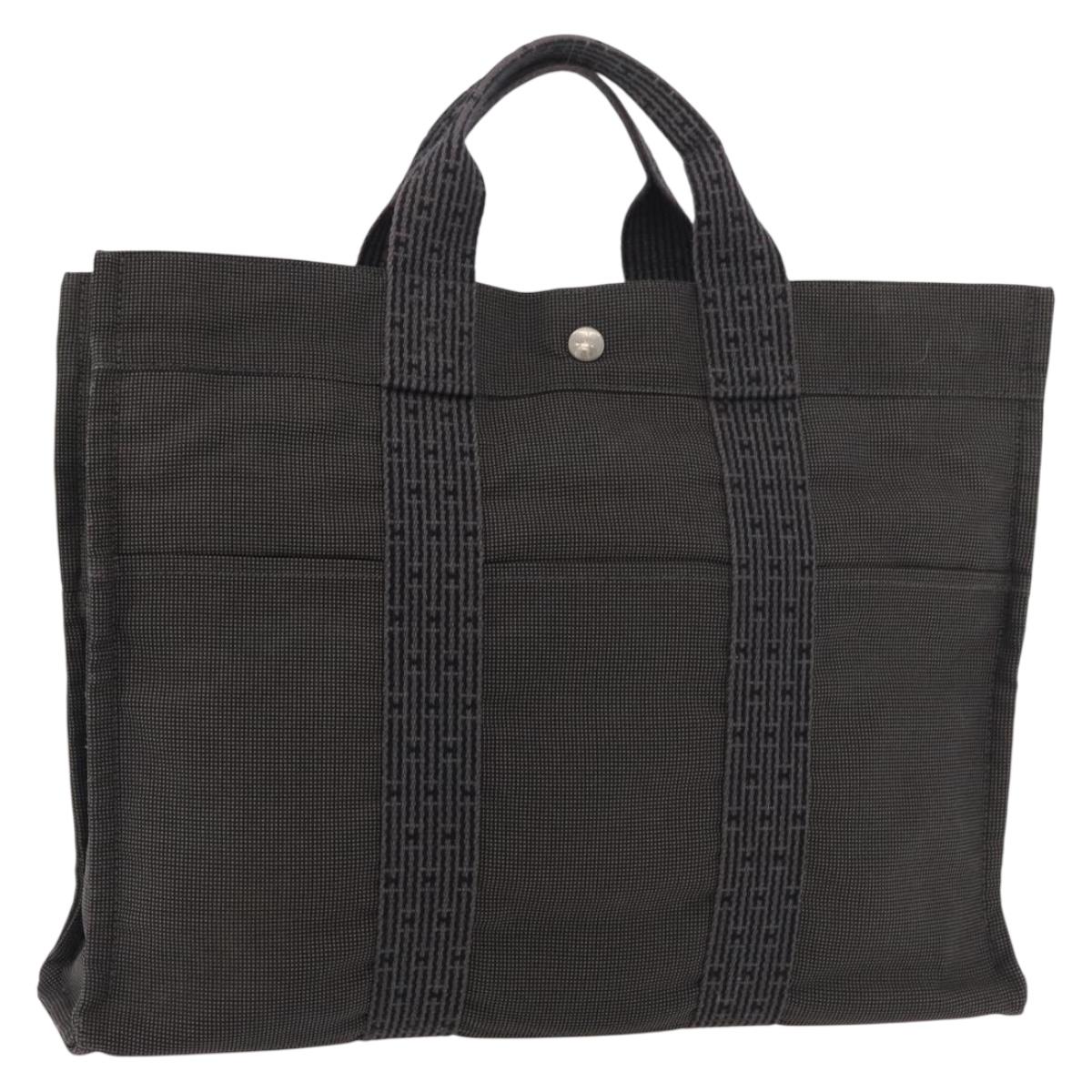 HERMES Her Line MM Hand Bag Canvas Gray Silver Auth 175052A