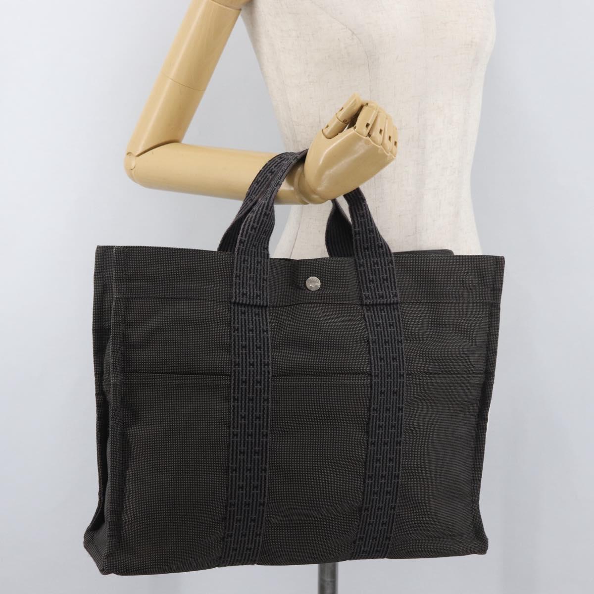 HERMES Her Line MM Hand Bag Canvas Gray Silver Auth 175052A