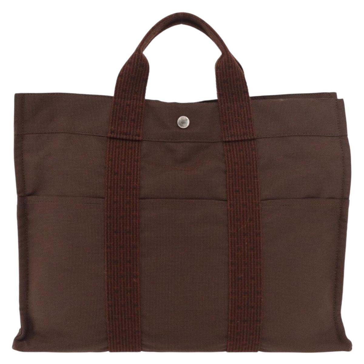 HERMES Her Line MM Hand Bag Canvas Brown Silver Auth 175053A