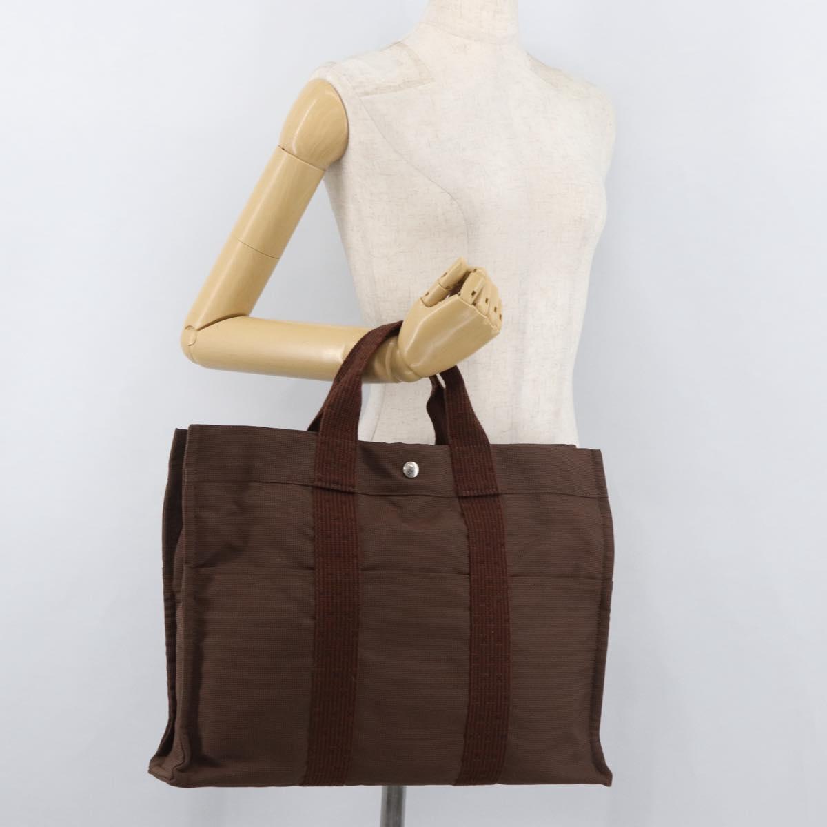 HERMES Her Line MM Hand Bag Canvas Brown Silver Auth 175053A