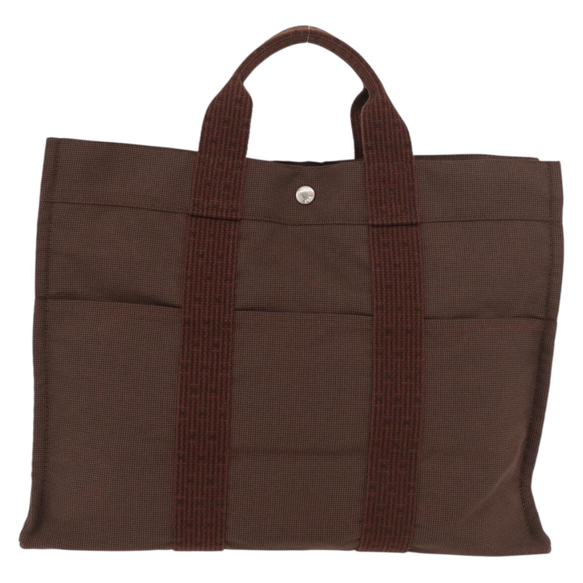 HERMES Her Line MM Hand Bag Canvas Brown Silver Auth 175053A
