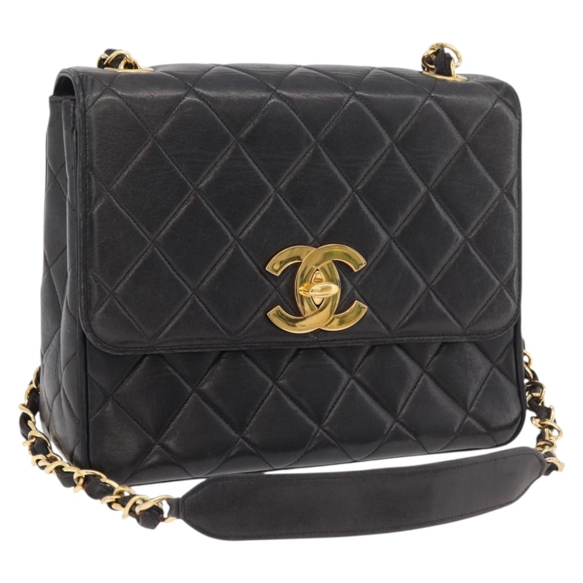 CHANEL Matelasse Chain Shoulder Bag Lamb Skin Black Gold CC Auth 175090SAV