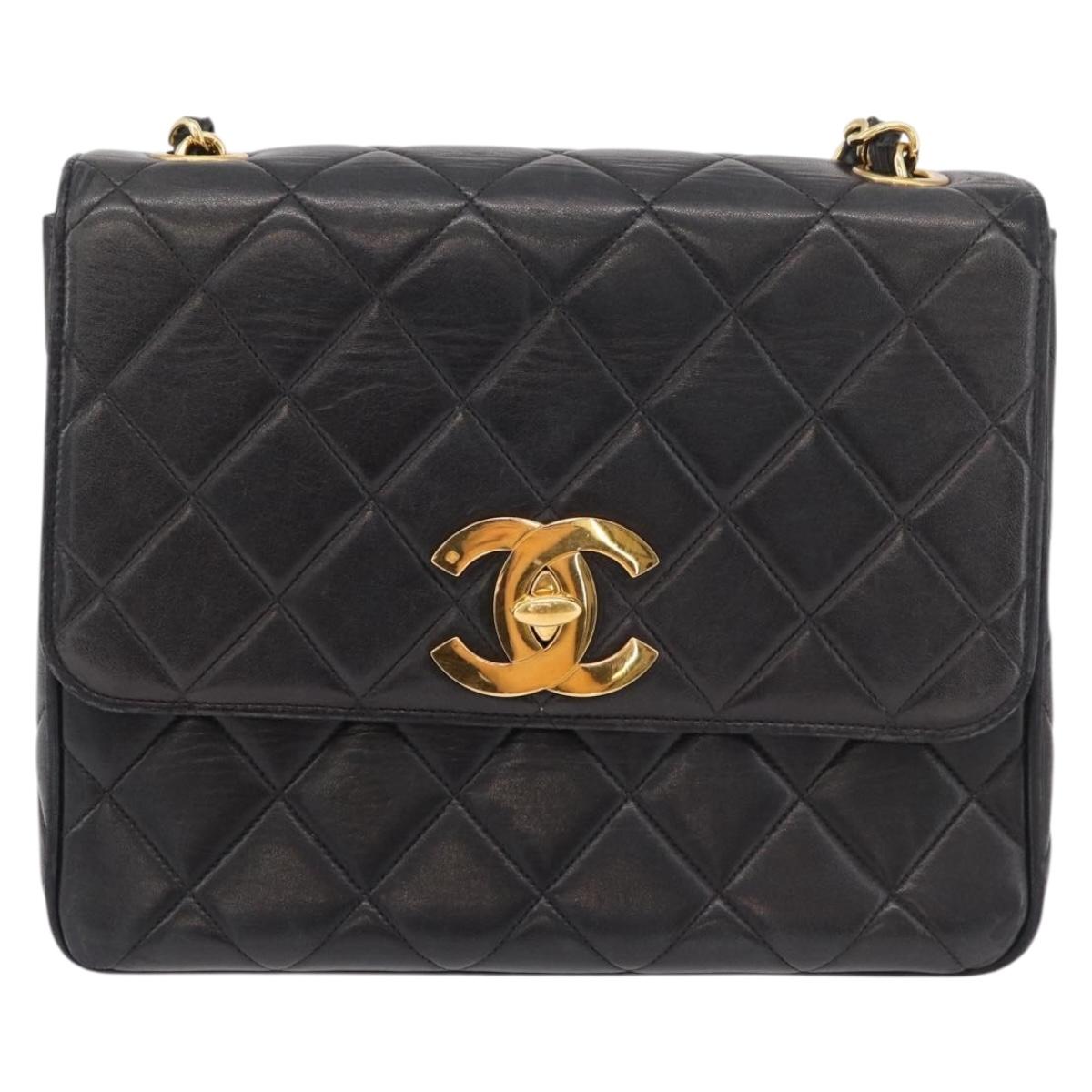 CHANEL Matelasse Chain Shoulder Bag Lamb Skin Black Gold CC Auth 175090SAV