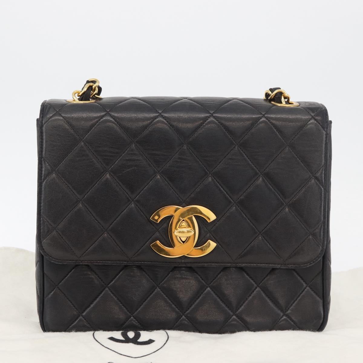 CHANEL Matelasse Chain Shoulder Bag Lamb Skin Black Gold CC Auth 175090SAV