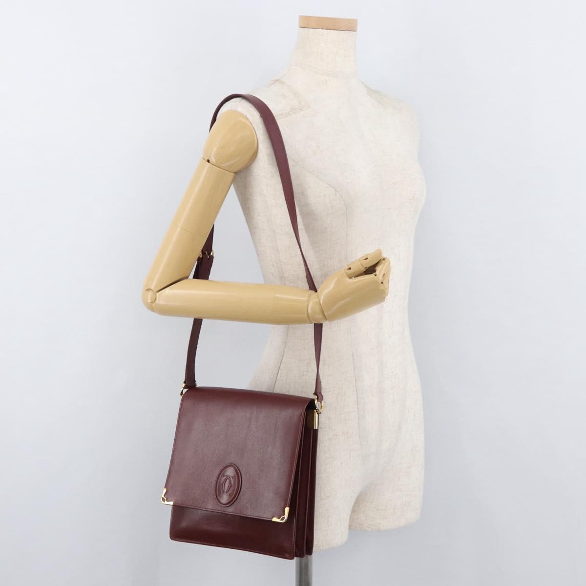 CARTIER Must Line Shoulder Bag Leather Bordeaux Gold Auth 175092A