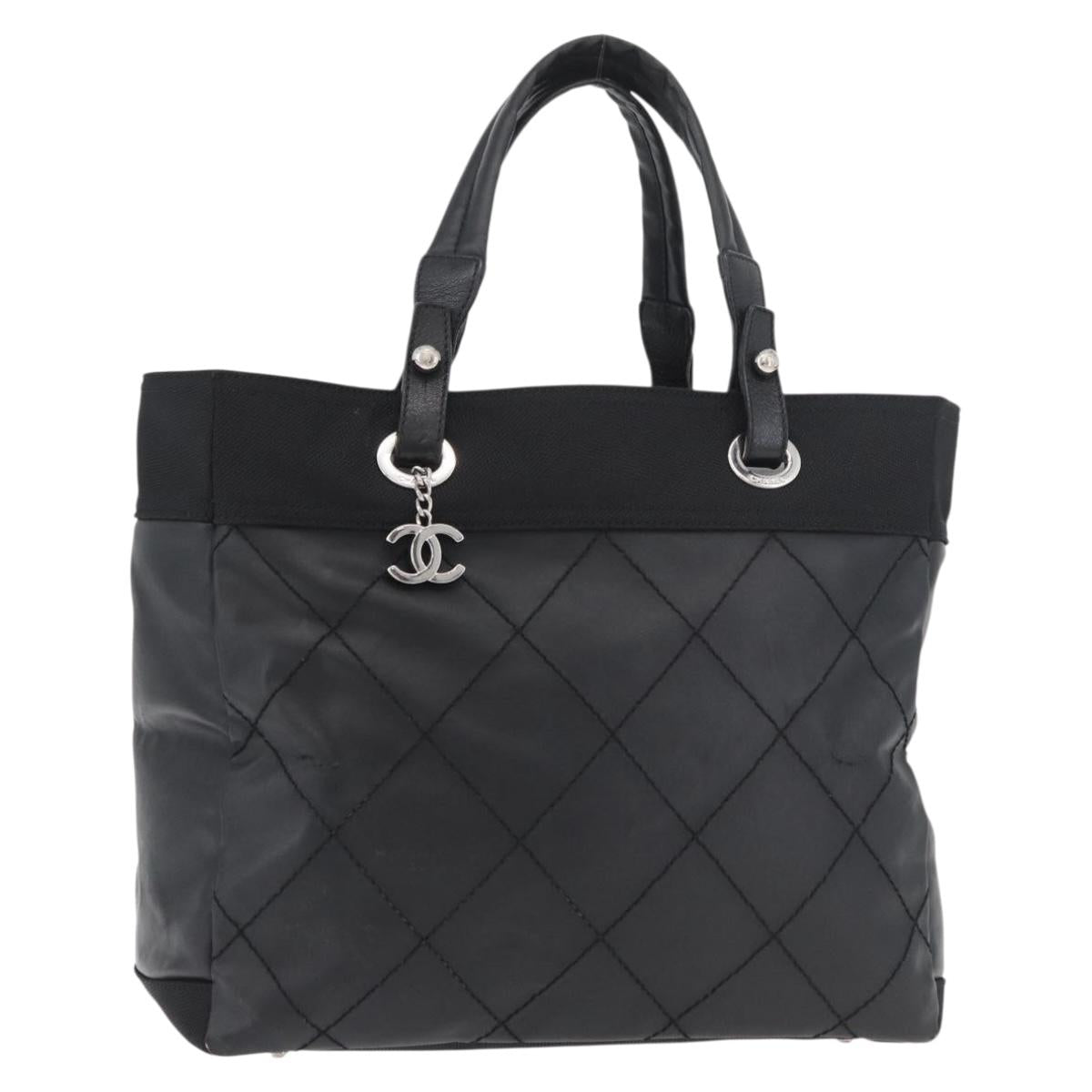 CHANEL Paris Biarritz Tote Bag Coated Canvas Black Silver CC Auth 175106A