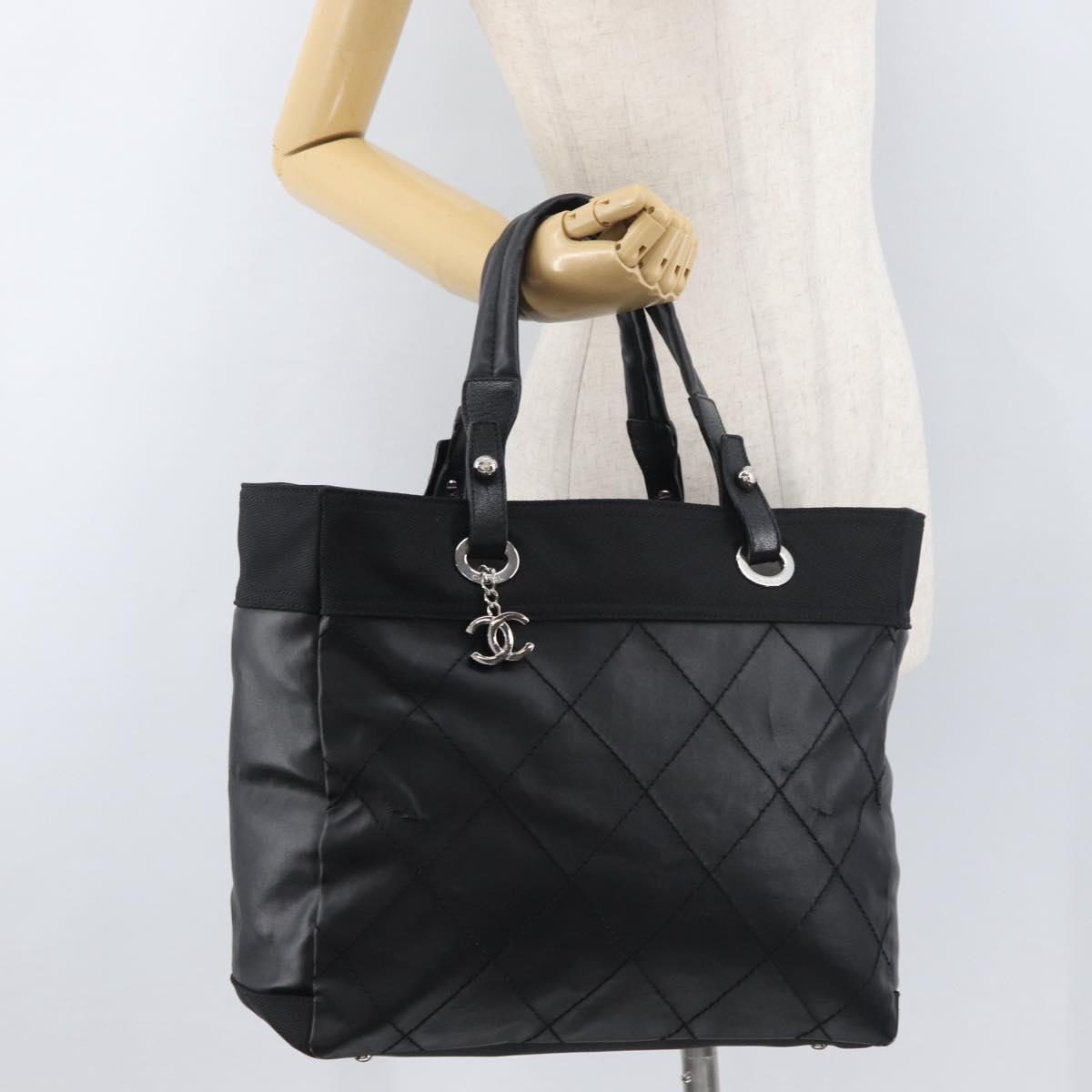 CHANEL Paris Biarritz Tote Bag Coated Canvas Black Silver CC Auth 175106A