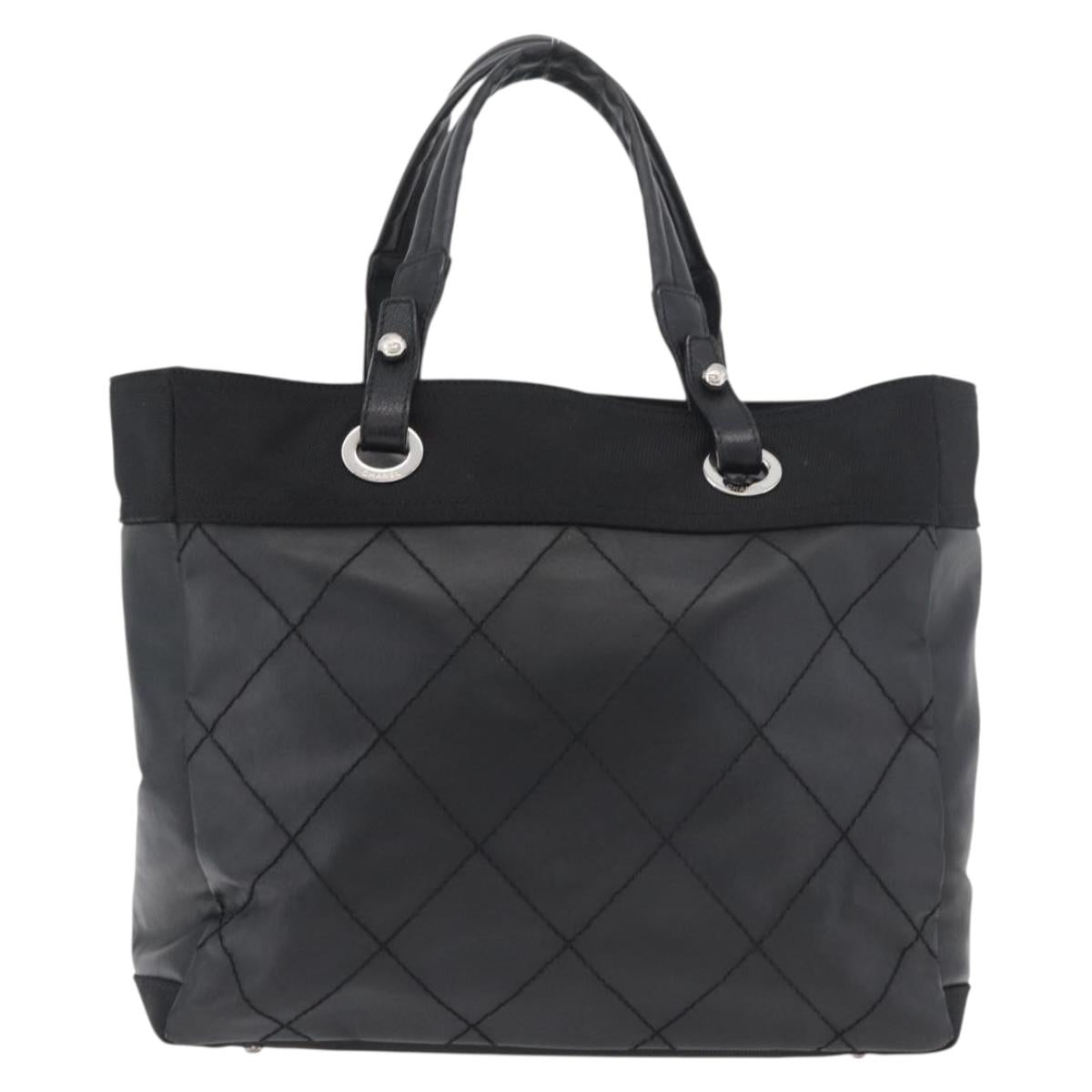 CHANEL Paris Biarritz Tote Bag Coated Canvas Black Silver CC Auth 175106A