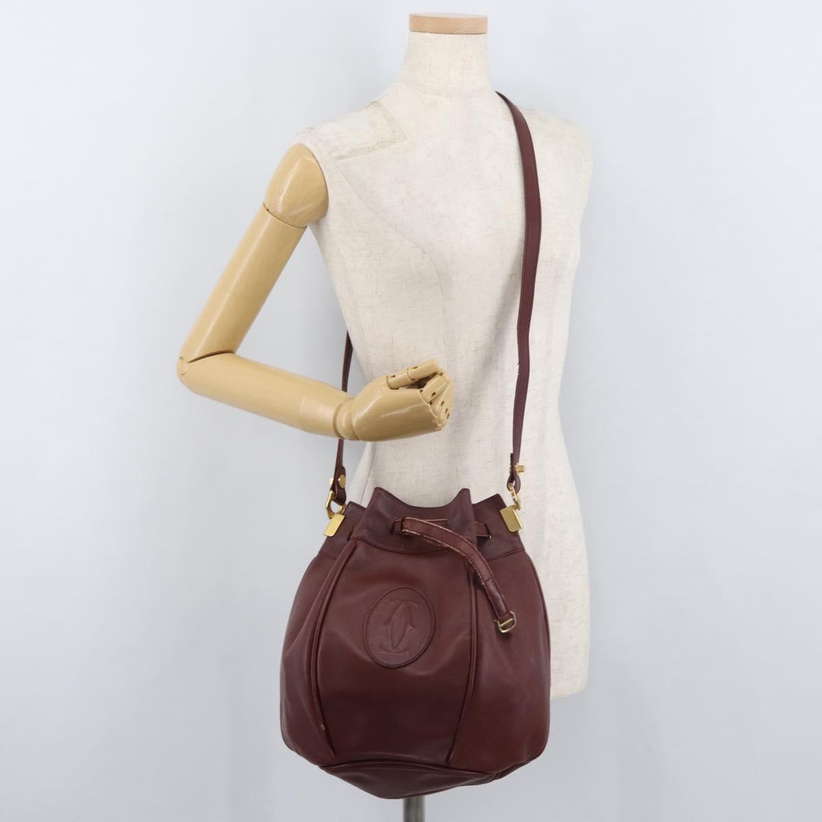 CARTIER Must Line Purse Shoulder Bag Leather Bordeaux Gold Auth 175108