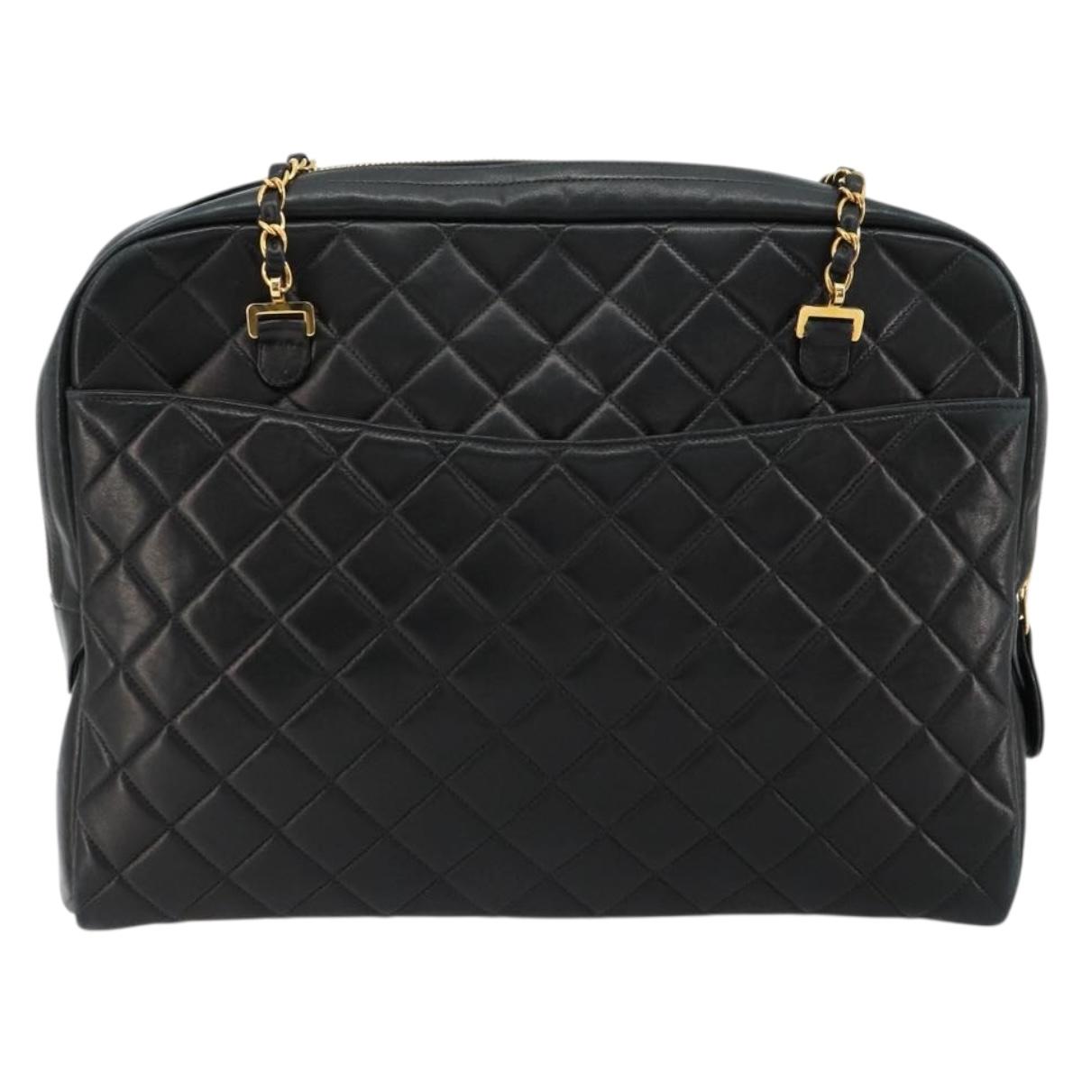 CHANEL Matelasse Shoulder Bag Lamb Skin Black Gold CC Auth 175111A