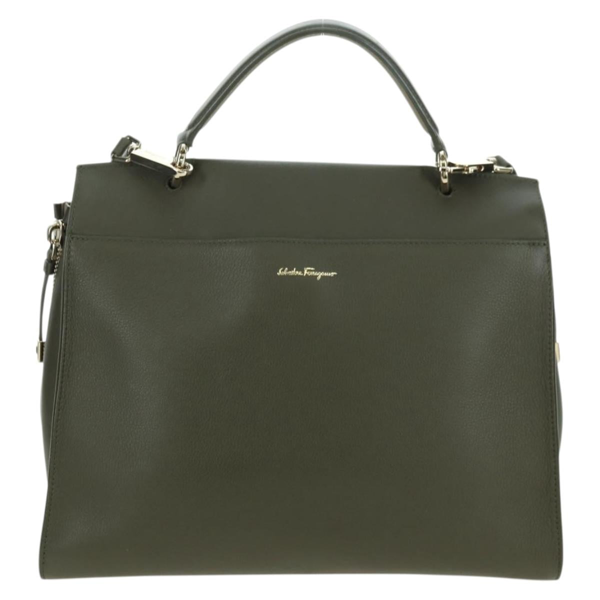 Salvatore Ferragamo Gancini Jet Set Bag Leather 2way Khaki Gold Auth 175123V